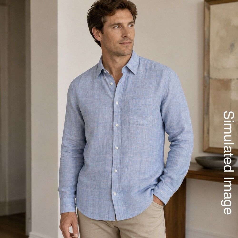 Brooks Brothers 346 Linen Shirt Mens XL Blue Plaid Button Down Slim Fit